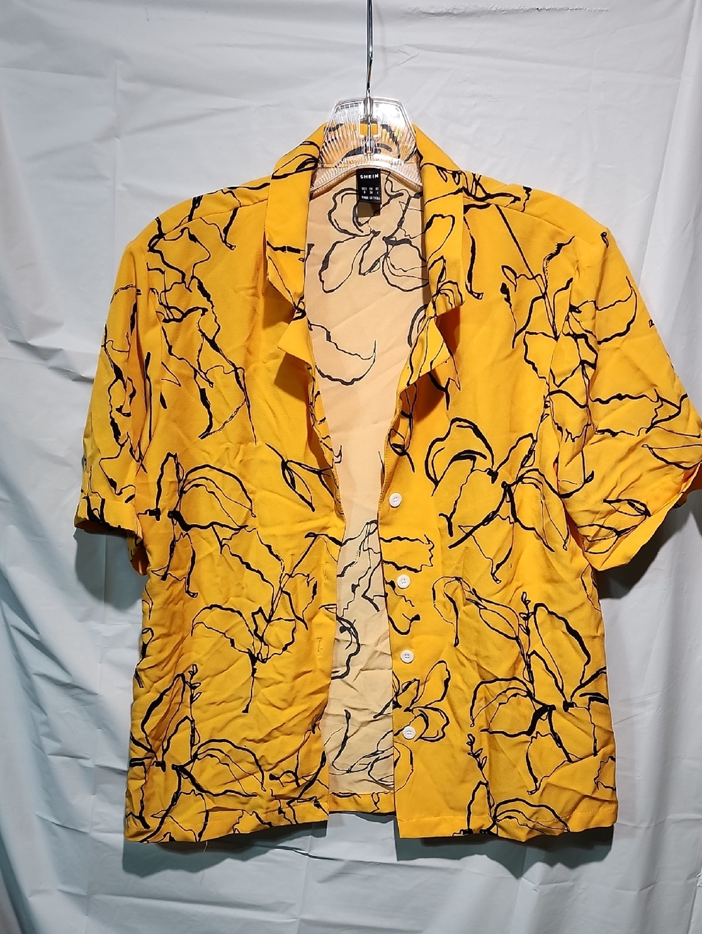 Shein Yellow Short Sleeve Button-Up Shirt with Black Floral Outline